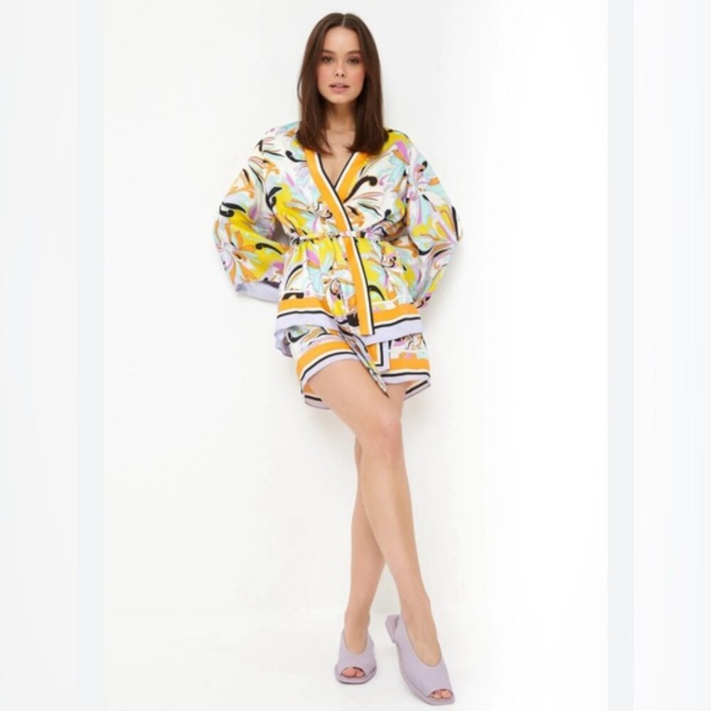 Nwt Zara Satin Printed Short Kimono 70s Lilac With Belt 7929/075 Size Xs
